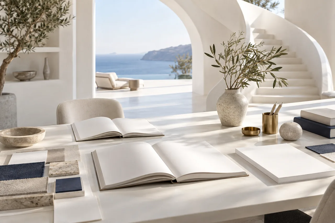 A bright workspace overlooks a scenic coastal view, promoting focus and team collaboration.