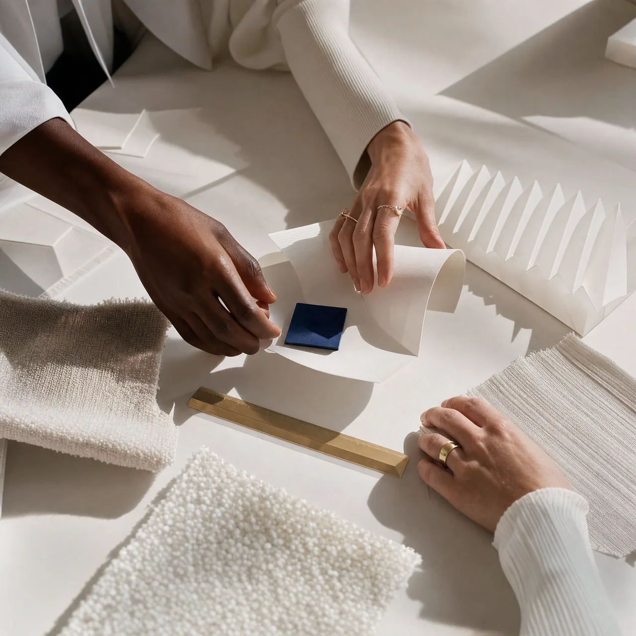 Two people collaborate on interior design, reviewing fabric and wallpaper samples for a project.