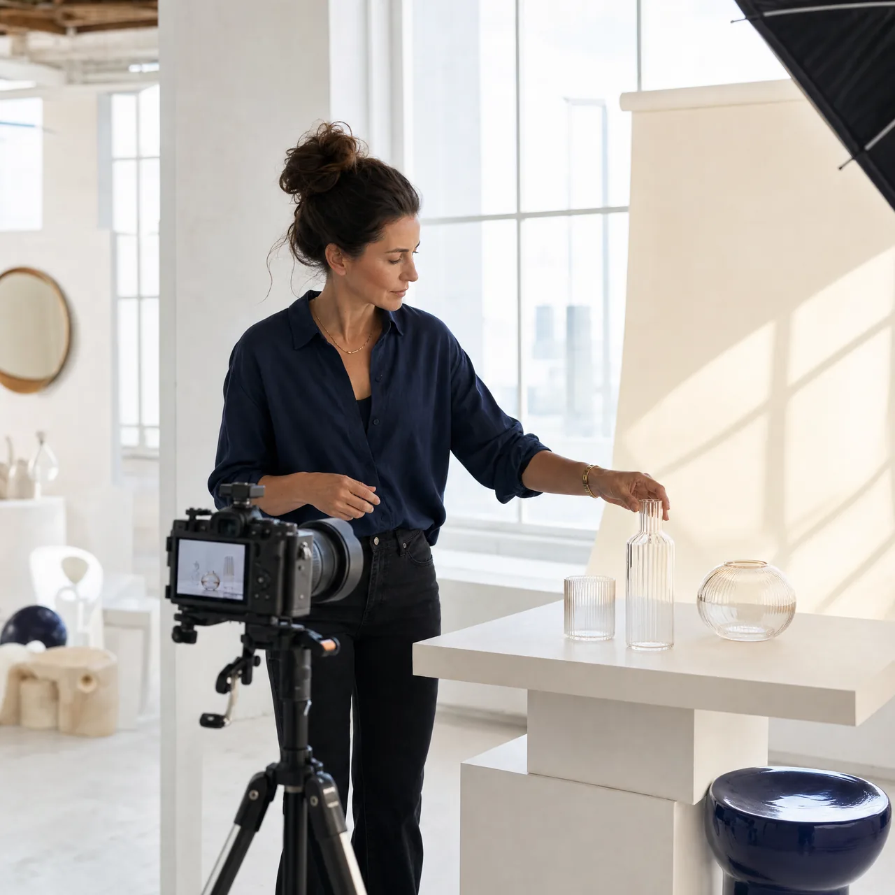 A woman styles glassware in a studio for professional product photography, showcasing tools for team collaboration.